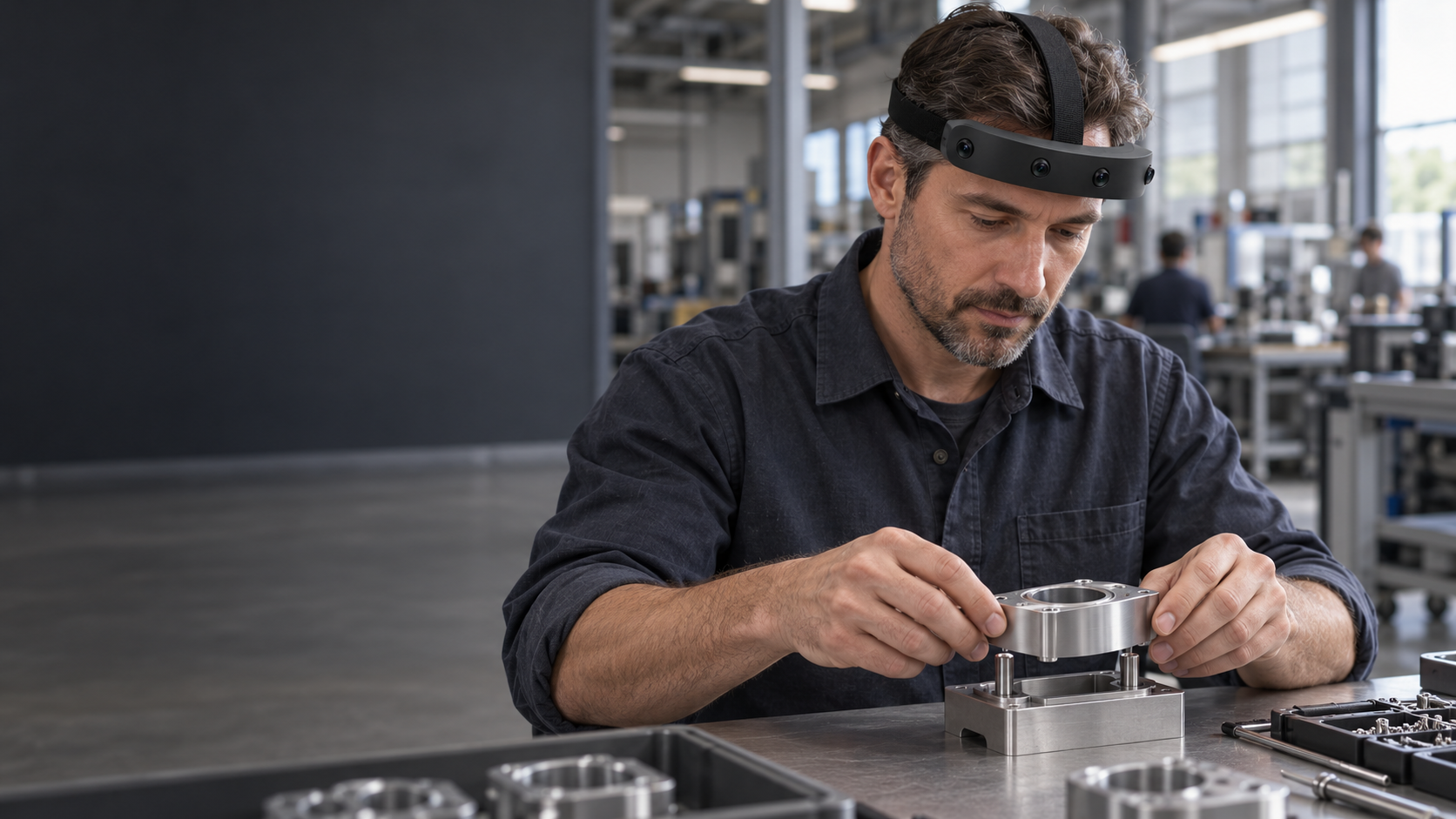 Concept scene of a person wearing Headband and using both hands to position a metal component in an assembly fixture