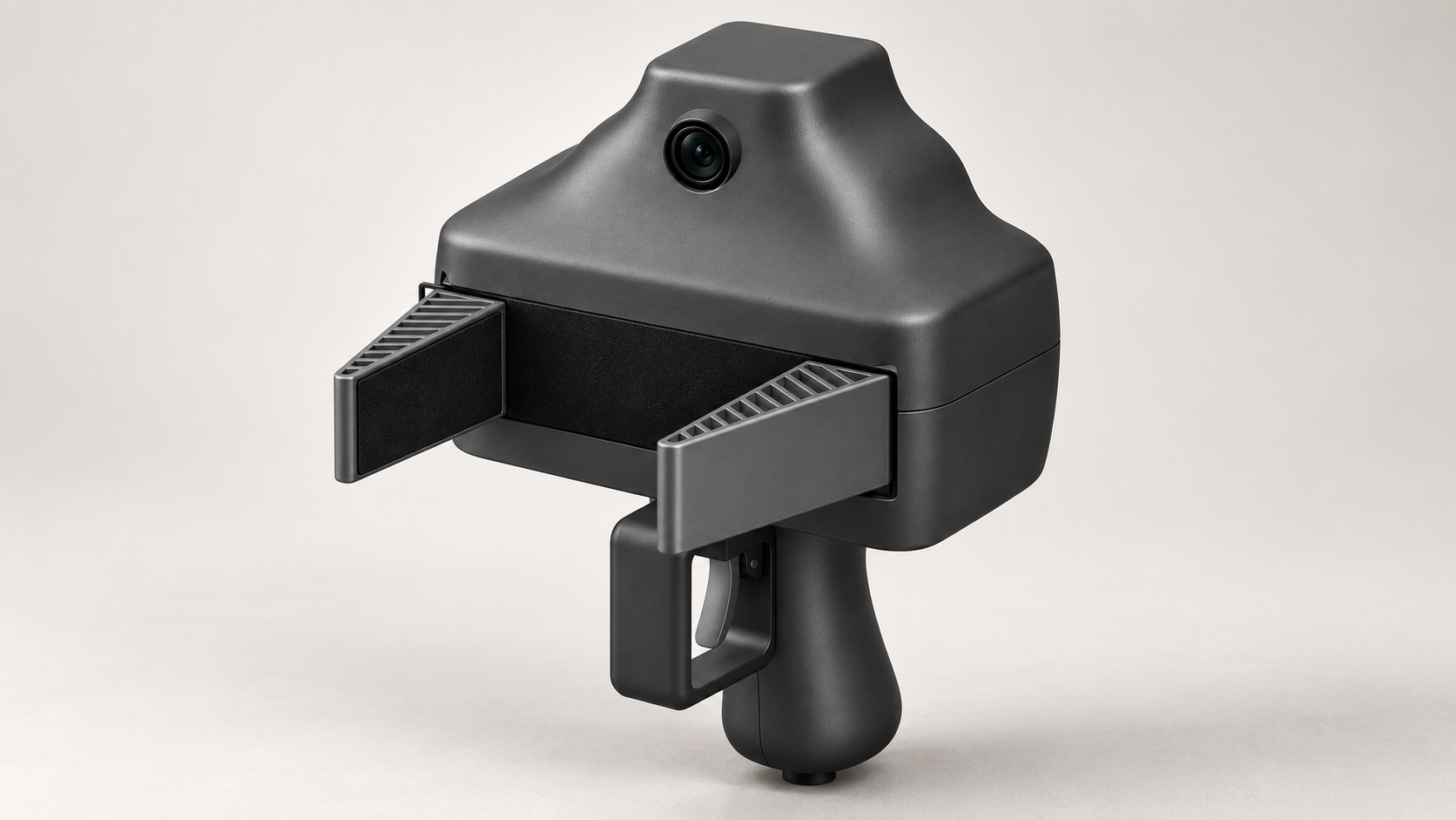 Concept detail of the enclosed Gripper, showing its underbody handle, trigger, covered drive and integrated round camera