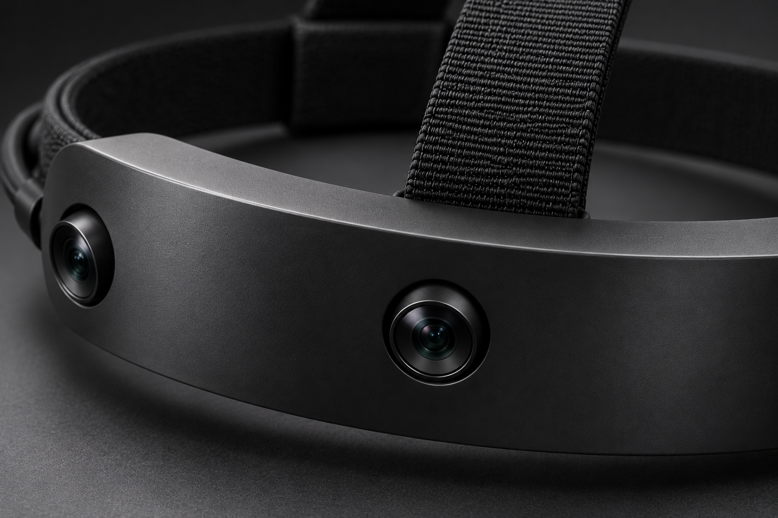 Concept close-up of the curved optical front and woven straps of Headband