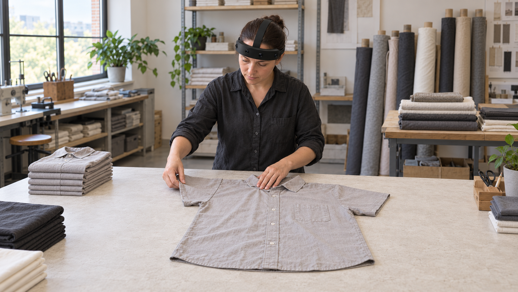 Concept scene of a person wearing Headband and folding a shirt with both hands at a textile worktable