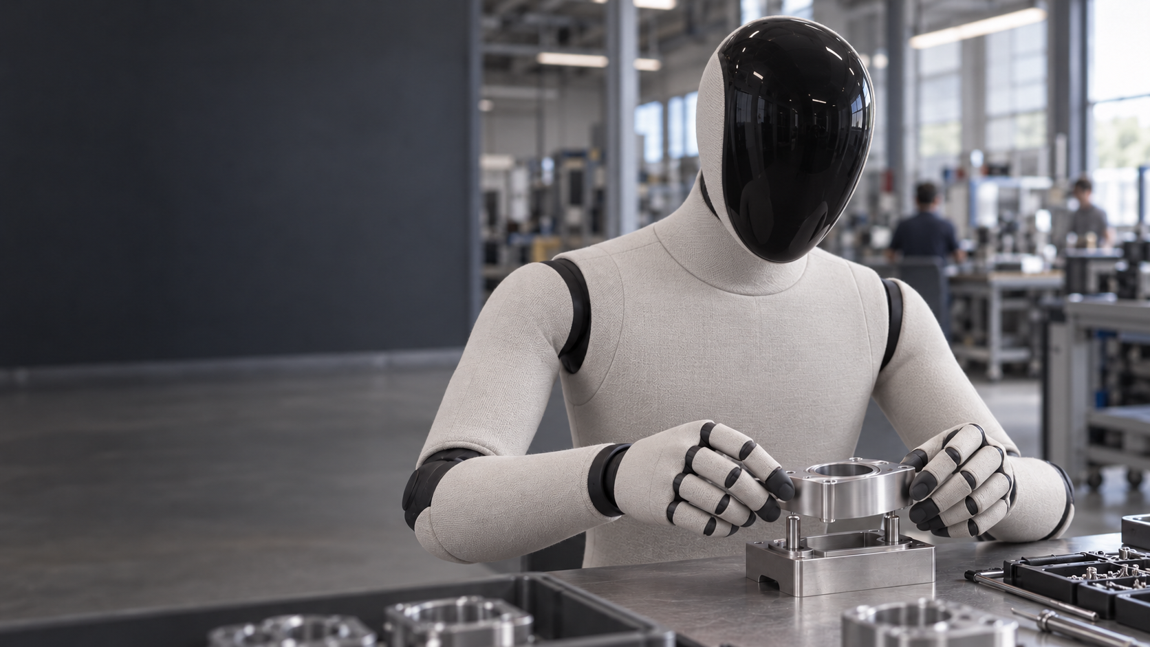 Concept of an unbranded humanoid using anthropomorphic articulated hands to position the same metal component in the same factory fixture