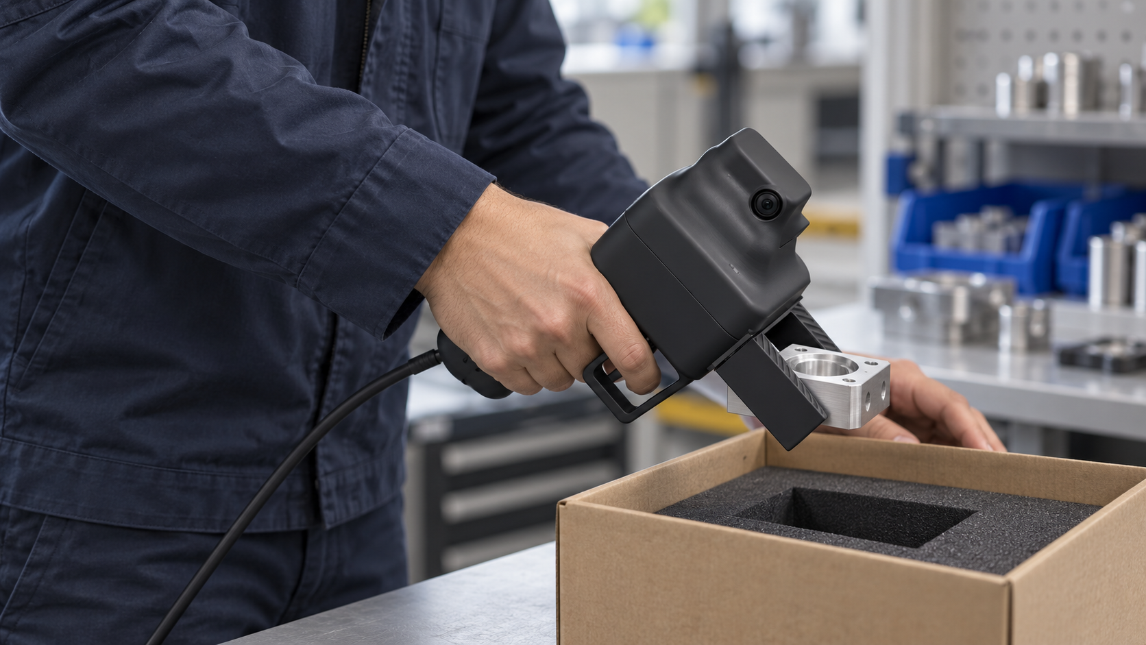 Concept of a person holding Gripper by its underbody handle, with an index finger on the trigger, and placing a machined aluminium component into a fitted foam carton