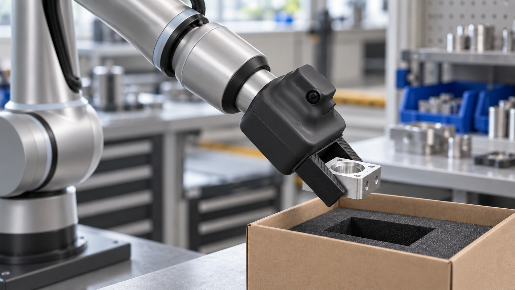 Concept of a robot using the same enclosed Gripper core, jaws and camera, without the human handle or trigger, to place the same aluminium component into a fitted foam carton