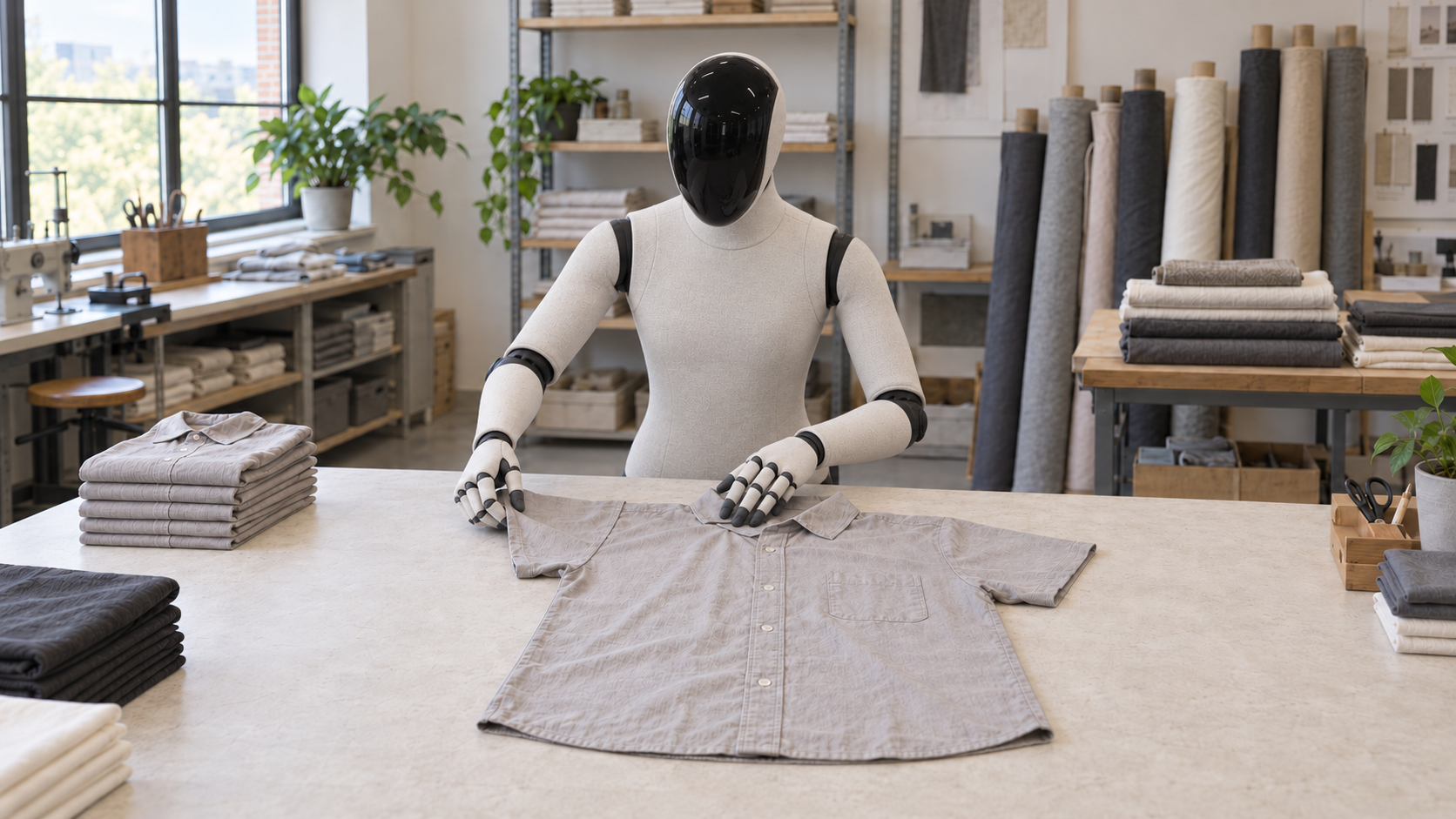 Concept of the same unbranded humanoid using anthropomorphic articulated hands to fold the garment at the same textile worktable