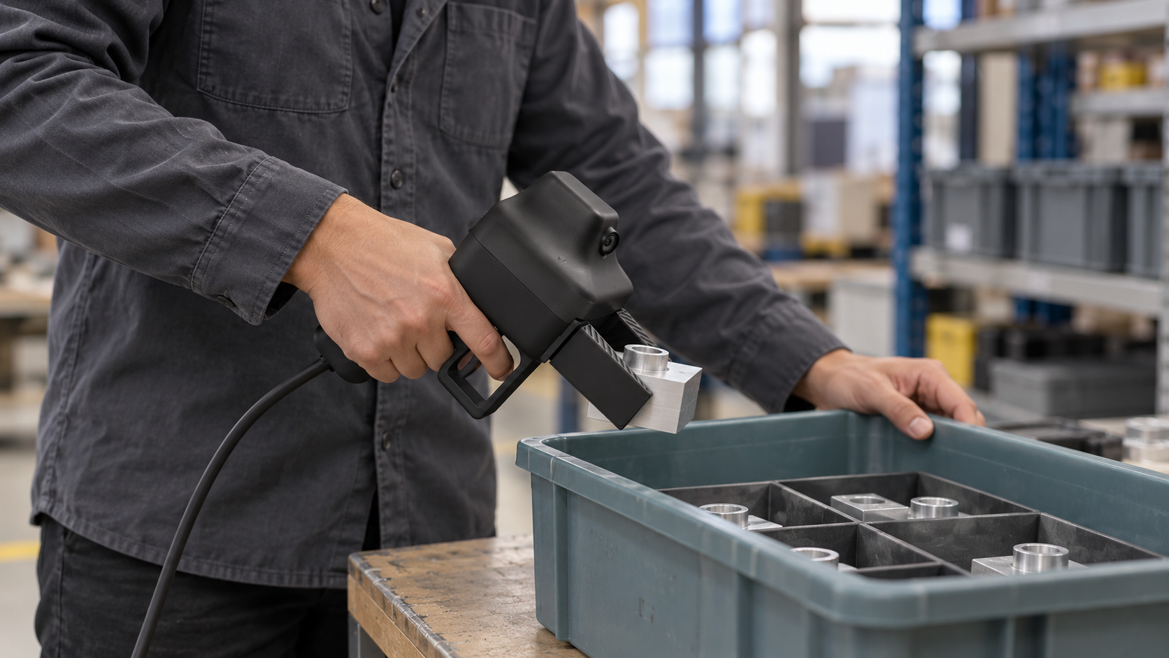Concept of a person holding Gripper by its underbody handle, with an index finger on the trigger, and placing the machined aluminium component into a compartmented tote