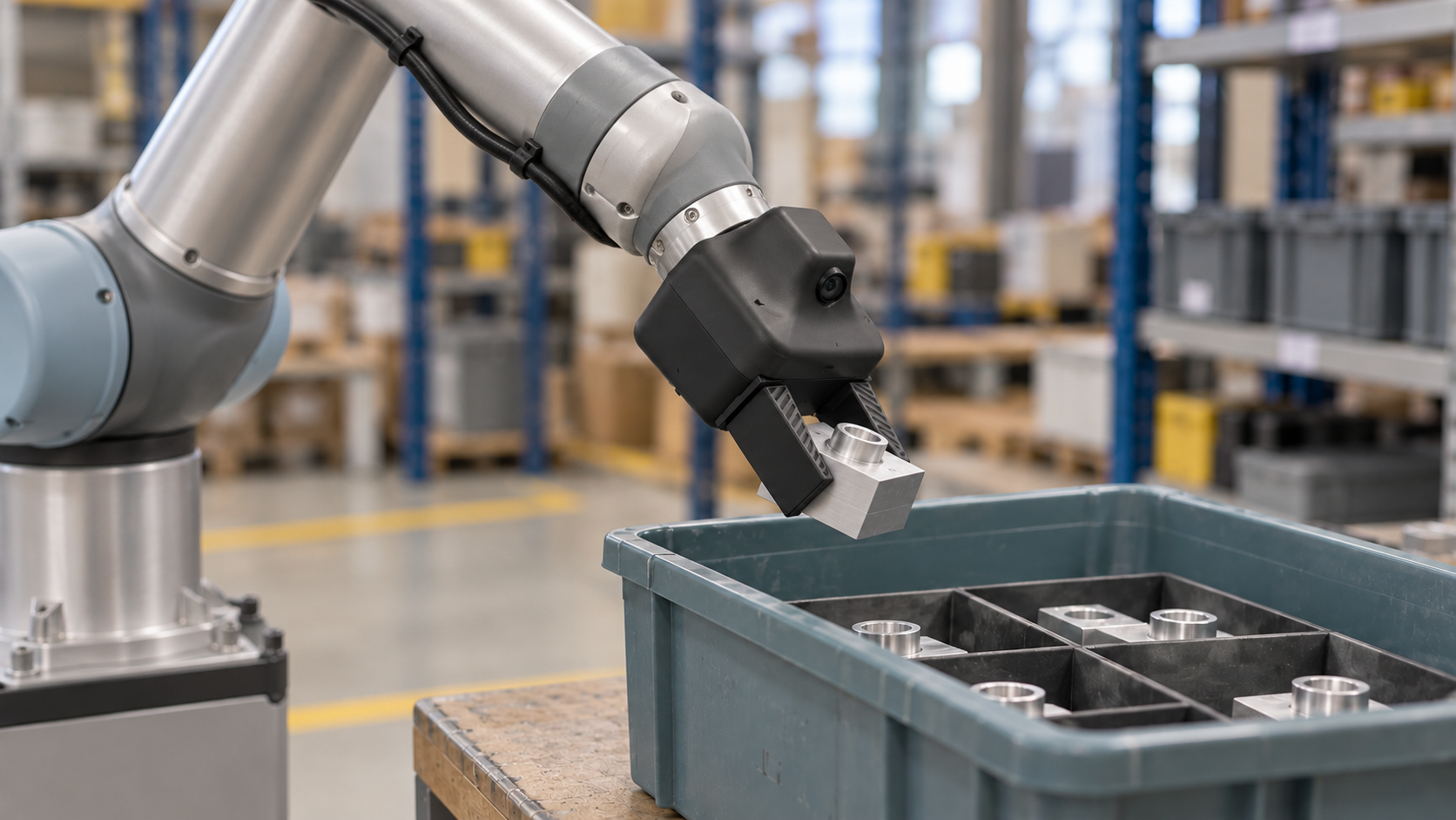 Concept of a robot using the same enclosed Gripper core, jaws and camera, without the human handle or trigger, to place the same aluminium component into the compartmented tote